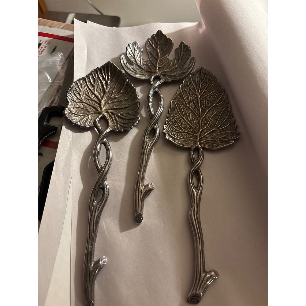 Vintage Silver Tone Leaf Serving Spoons Set of 3 Twisted Vine Handle Botanical